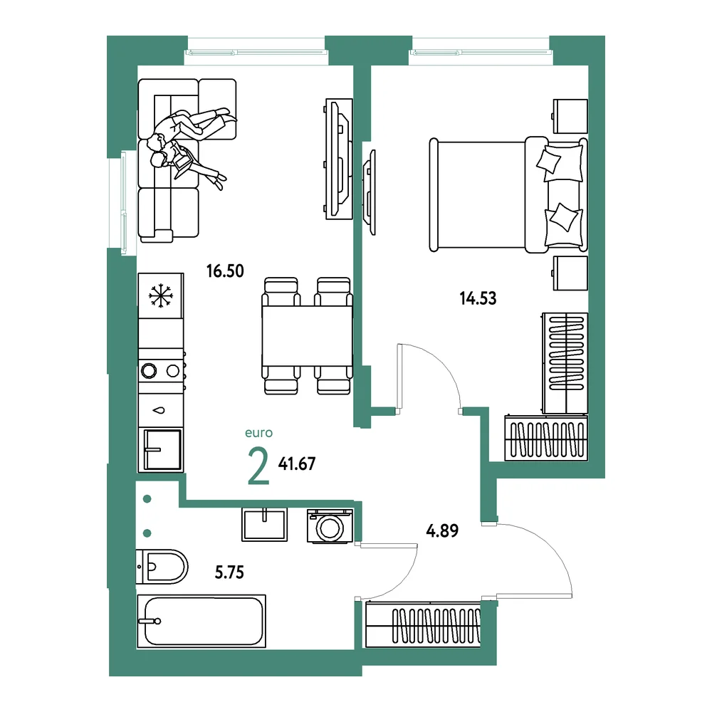 Планировка: Европейский берег 2.0 2-комнатная 41,67м²