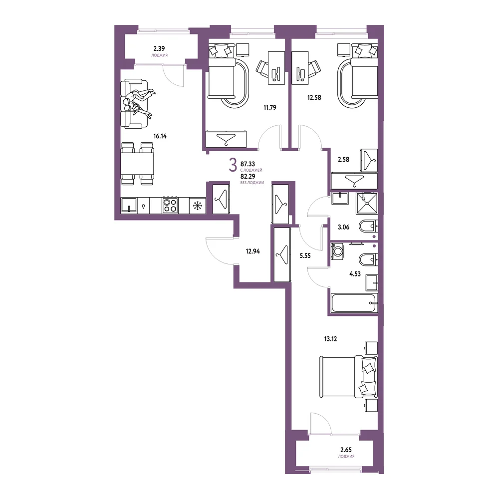Планировка: Европейский берег 2.0 3-комнатная 87,33м²