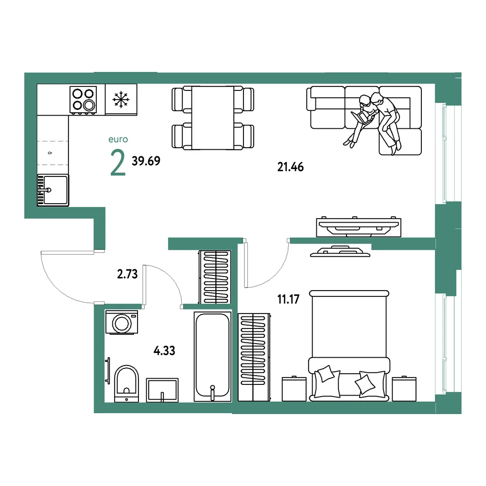 Планировка: Европейский берег 2.0 2-комнатная 39,69м²