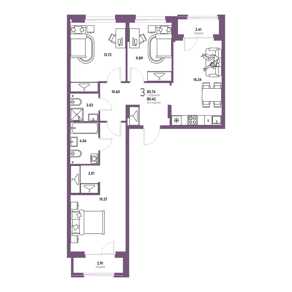Планировка: Европейский берег 2.0 3-комнатная 85,74м²