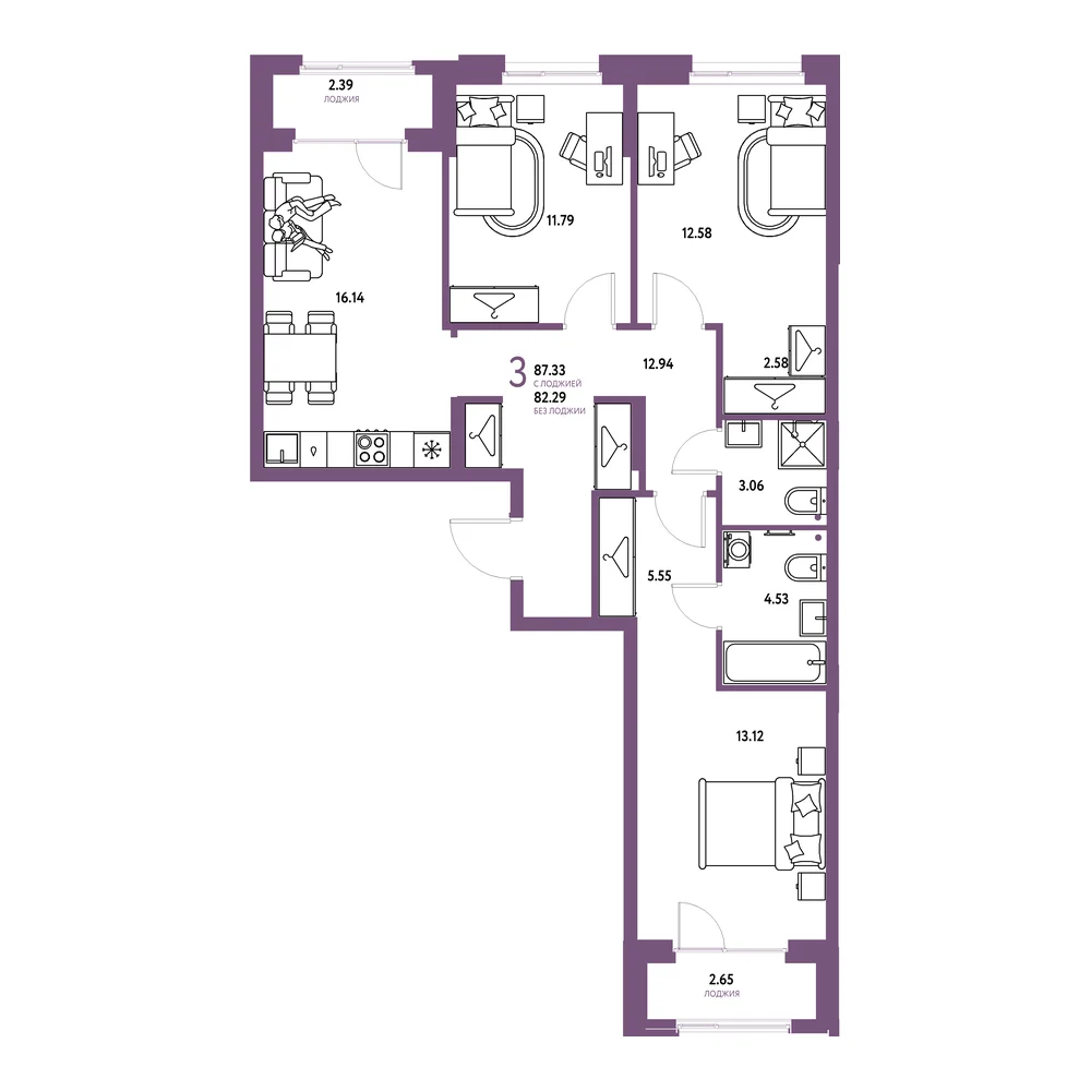 Планировка: Европейский берег 2.0 3-комнатная 87,33м²