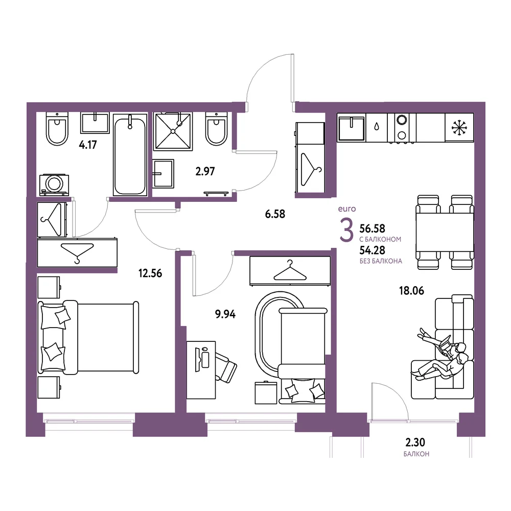 Планировка: Европейский берег 2.0 3-комнатная 56,58м²
