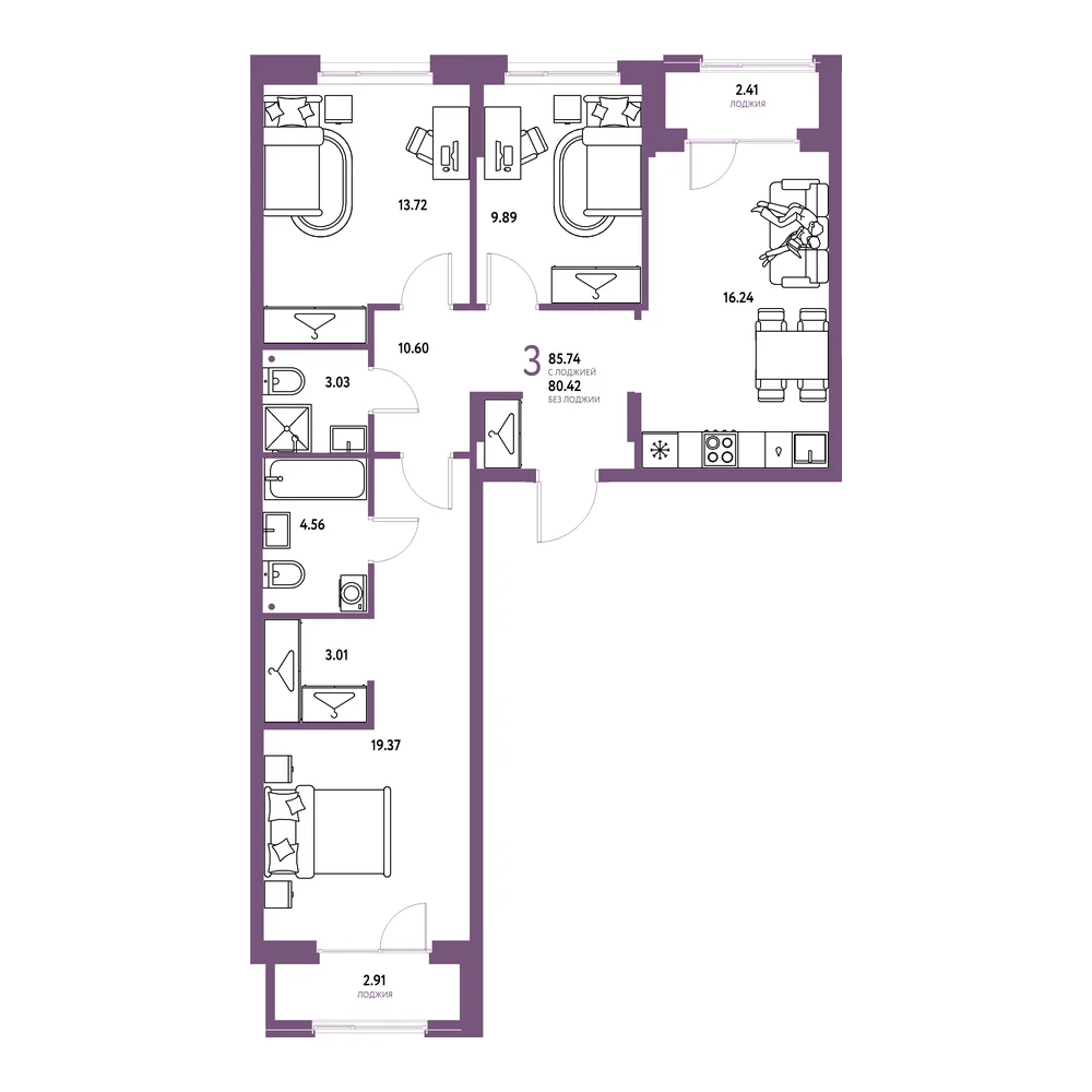 Планировка: Европейский берег 2.0 3-комнатная 85,74м²