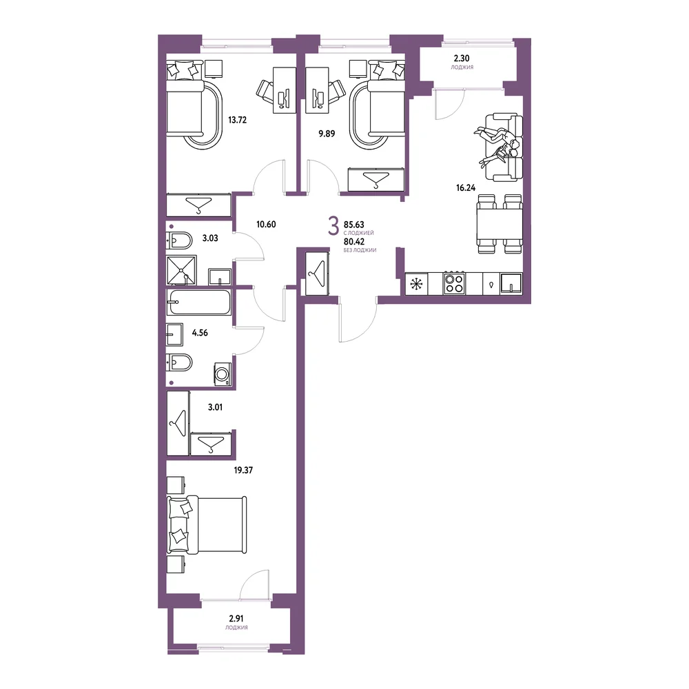 Планировка: Европейский берег 2.0 3-комнатная 85,63м²