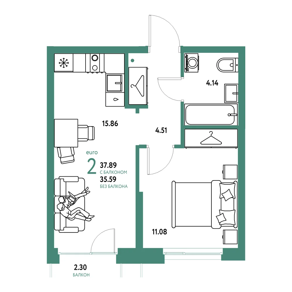 Планировка: Европейский берег 2.0 2-комнатная 37,89м²