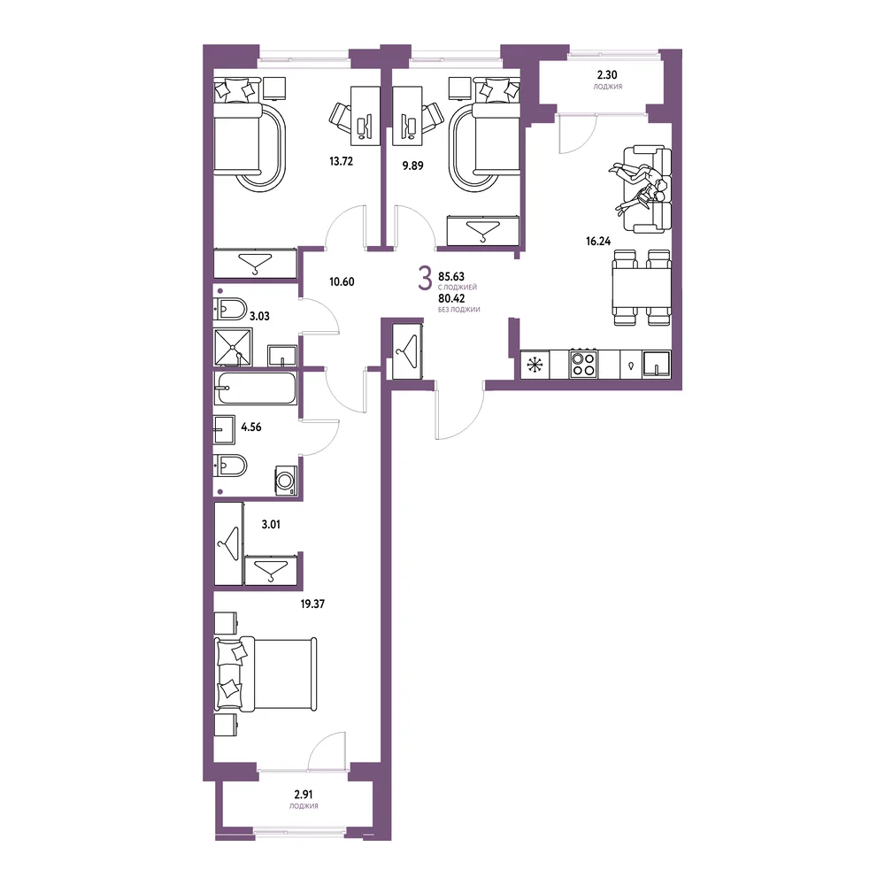 Планировка: Европейский берег 2.0 3-комнатная 85,63м²