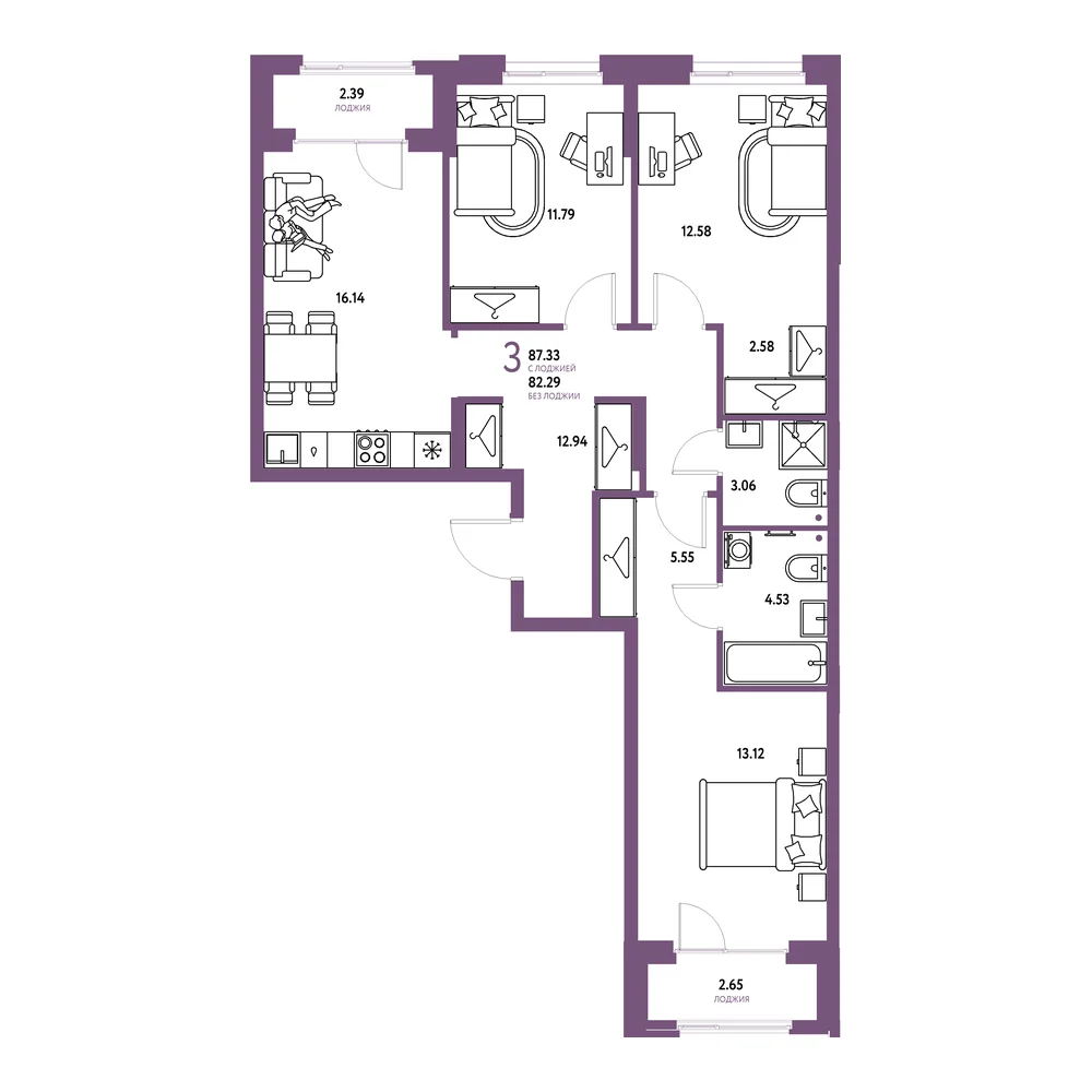 Планировка: Европейский берег 2.0 3-комнатная 87,33м²