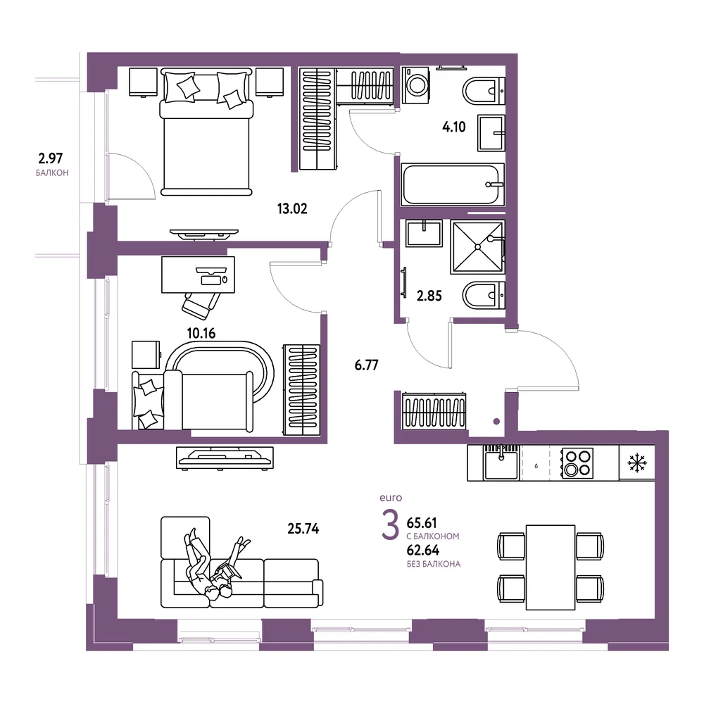 Планировка: Европейский берег 2.0 3-комнатная 65,61м²