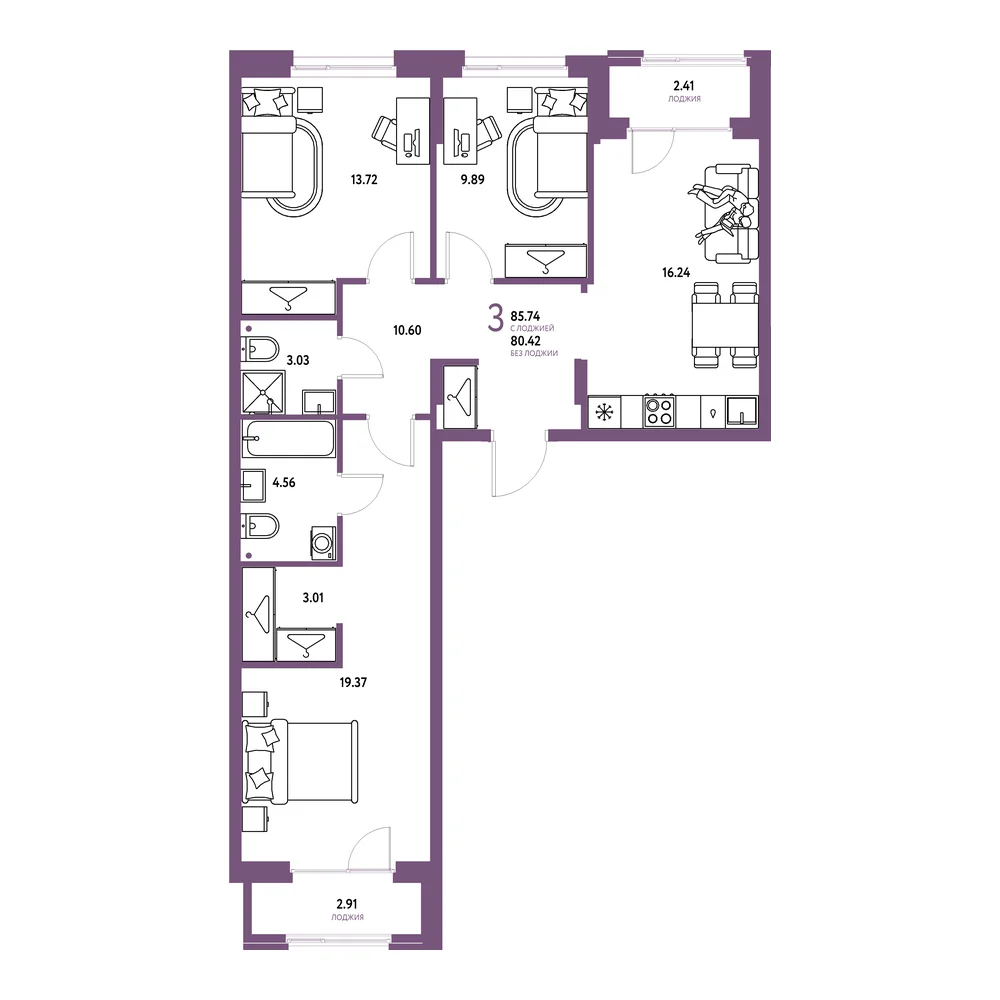 Планировка: Европейский берег 2.0 3-комнатная 85,74м²