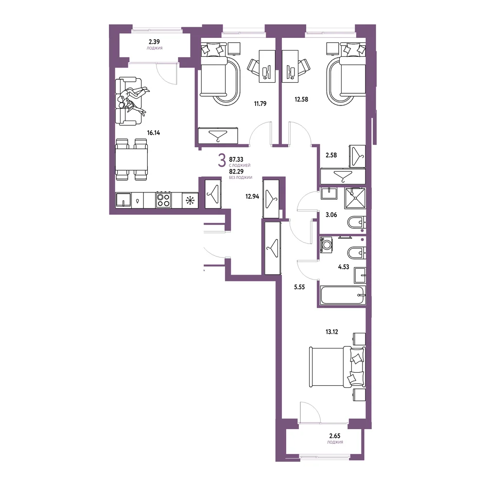 Планировка: Европейский берег 2.0 3-комнатная 87,33м²