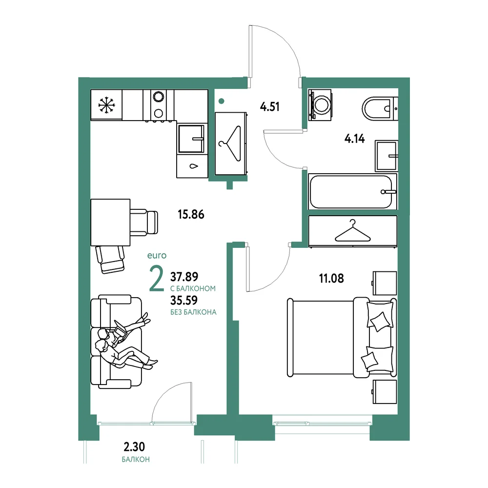 Планировка: Европейский берег 2.0 2-комнатная 37,89м²