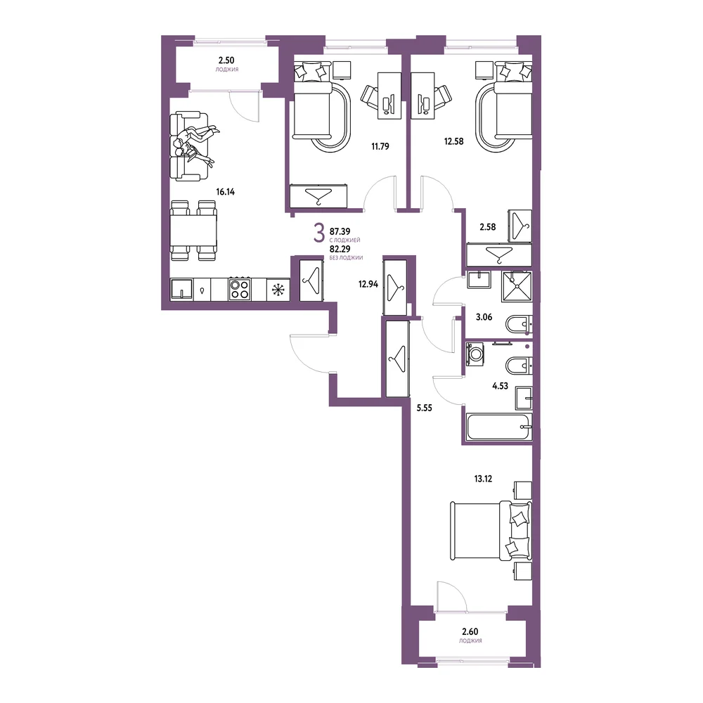 Планировка: Европейский берег 2.0 3-комнатная 87,39м²