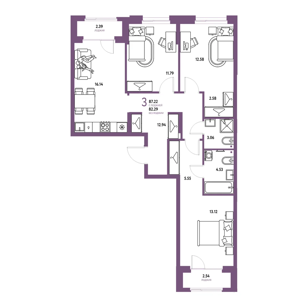 Планировка: Европейский берег 2.0 3-комнатная 87,22м²