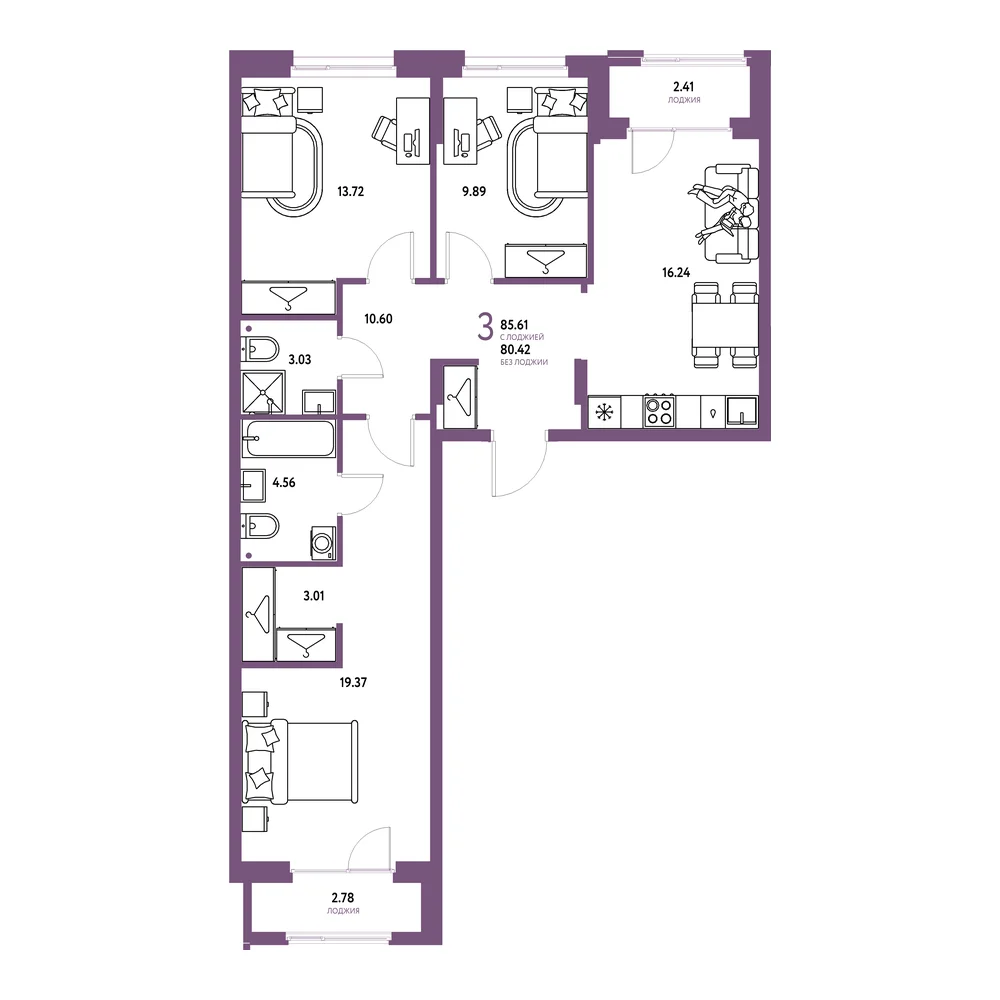 Планировка: Европейский берег 2.0 3-комнатная 85,61м²