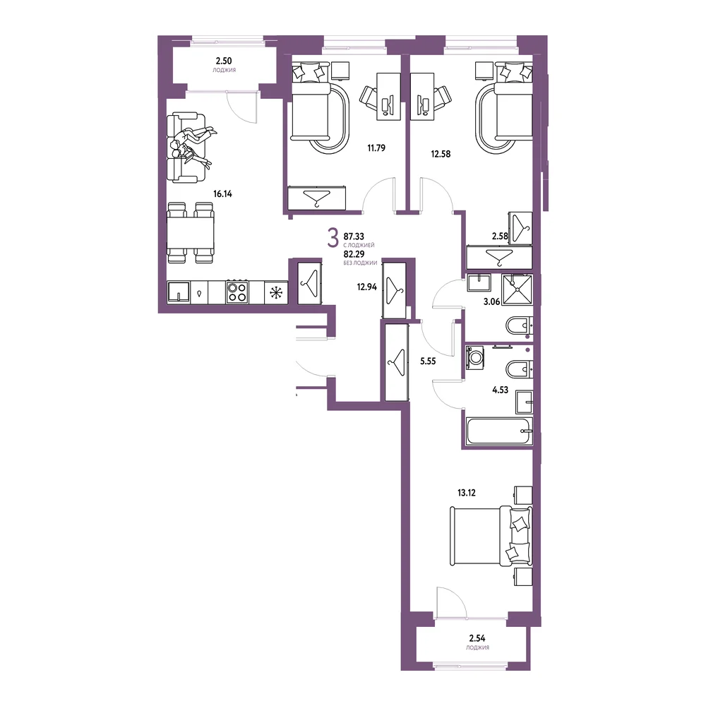 Планировка: Европейский берег 2.0 3-комнатная 87,33м²