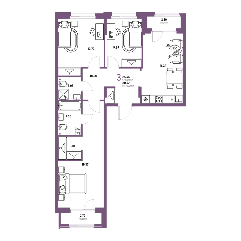 Планировка: Европейский берег 2.0 3-комнатная 85,44м²