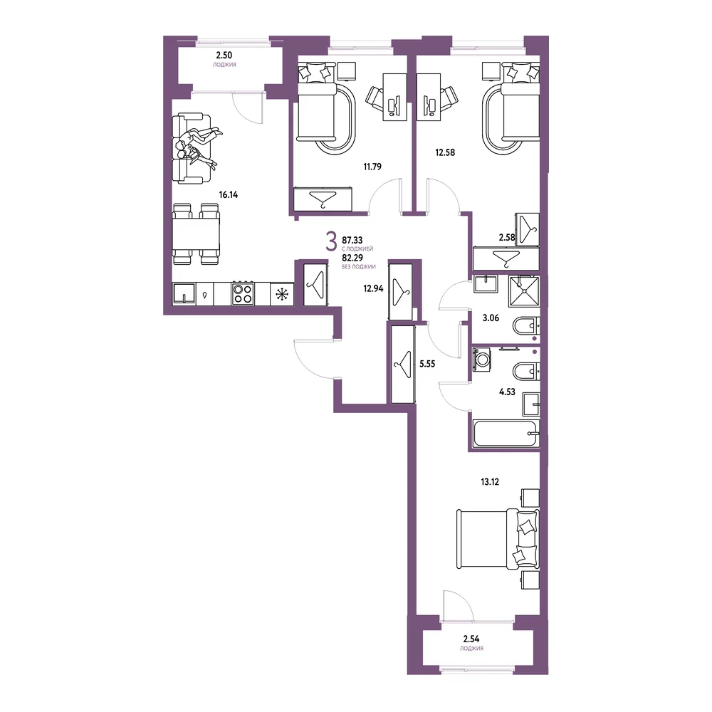 Планировка: Европейский берег 2.0 3-комнатная 87,33м²