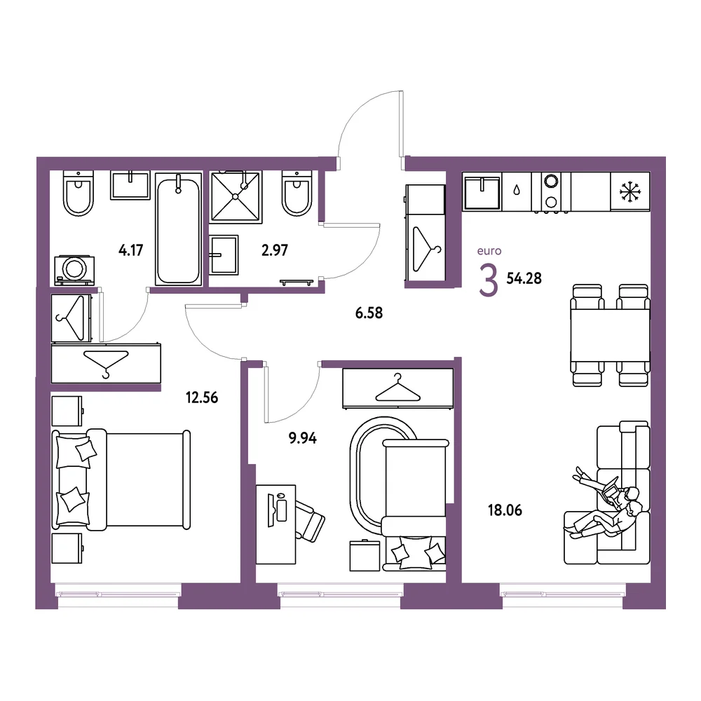 Планировка: Европейский берег 2.0 3-комнатная 54,28м²
