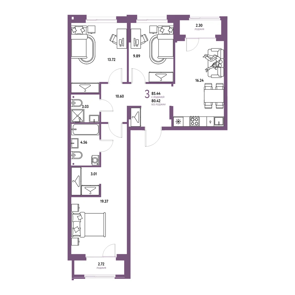 Планировка: Европейский берег 2.0 3-комнатная 85,44м²