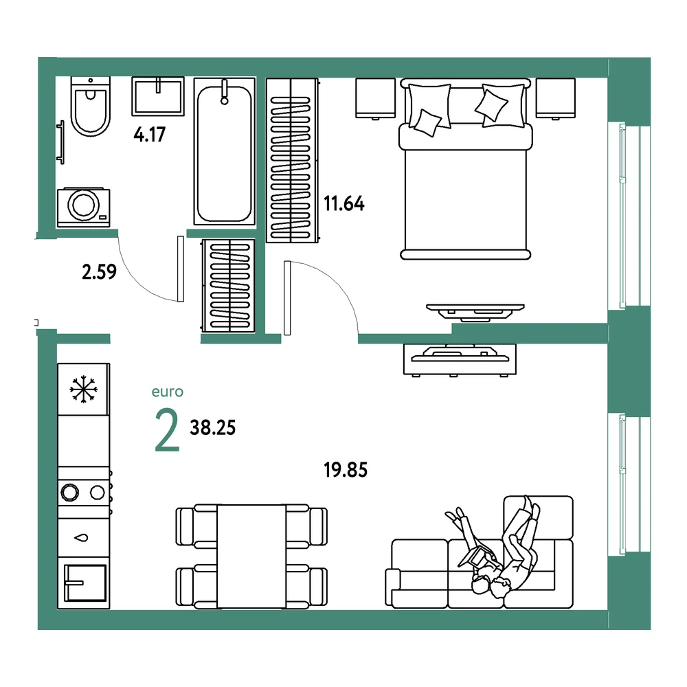 Планировка: Европейский берег 2.0 2-комнатная 38,25м²