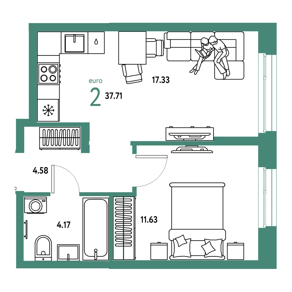 Планировка: Европейский берег 2.0 2-комнатная 37,71м²