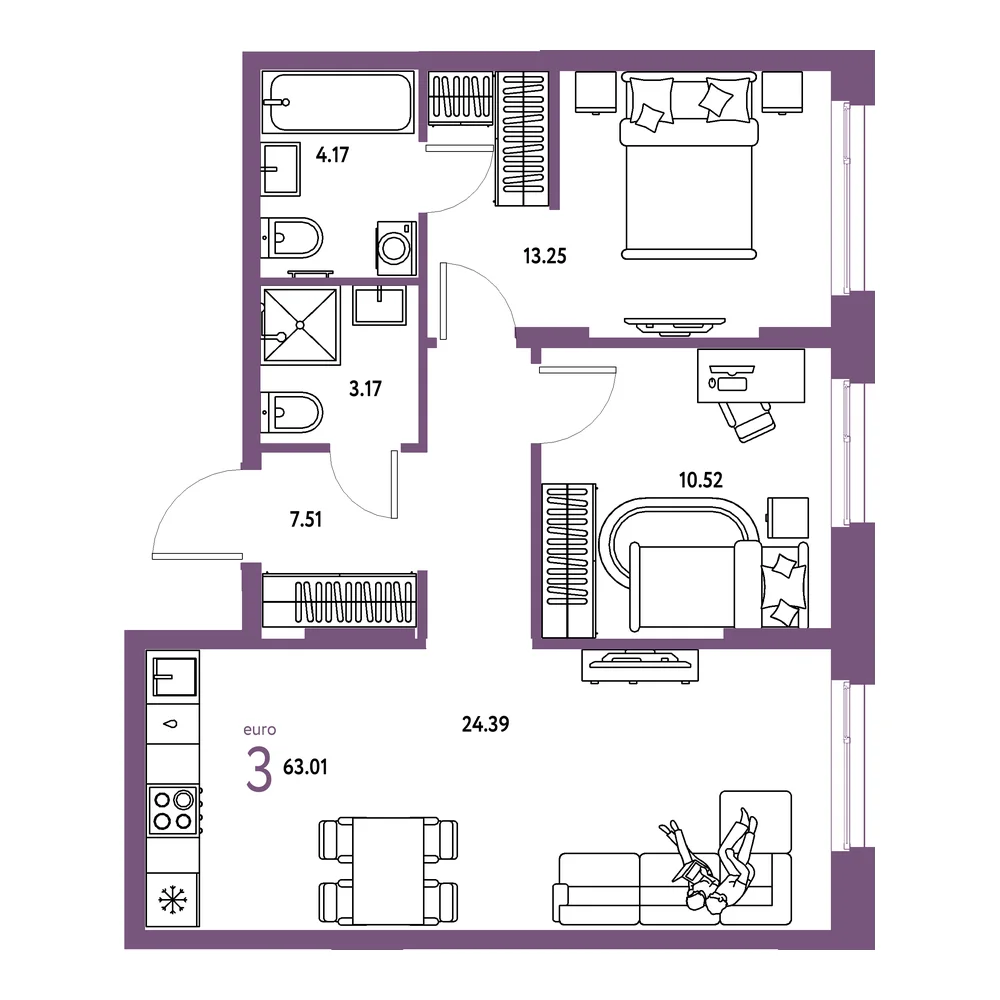 Планировка: Европейский берег 2.0 3-комнатная 63,01м²