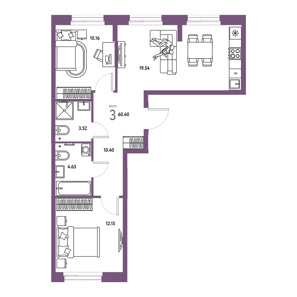 Планировка: Европейский берег 2.0 3-комнатная 60,40м²