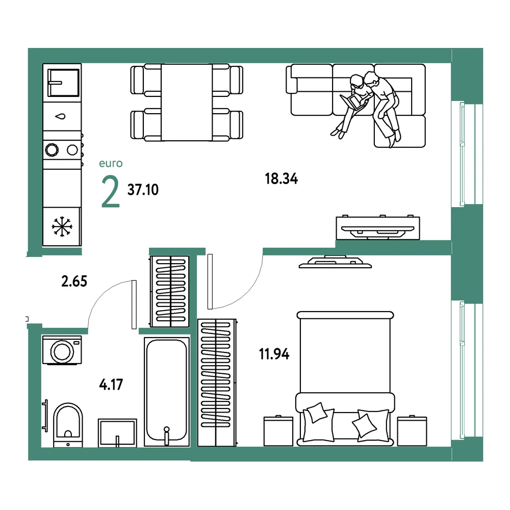 Планировка: Европейский берег 2.0 2-комнатная 37,10м²