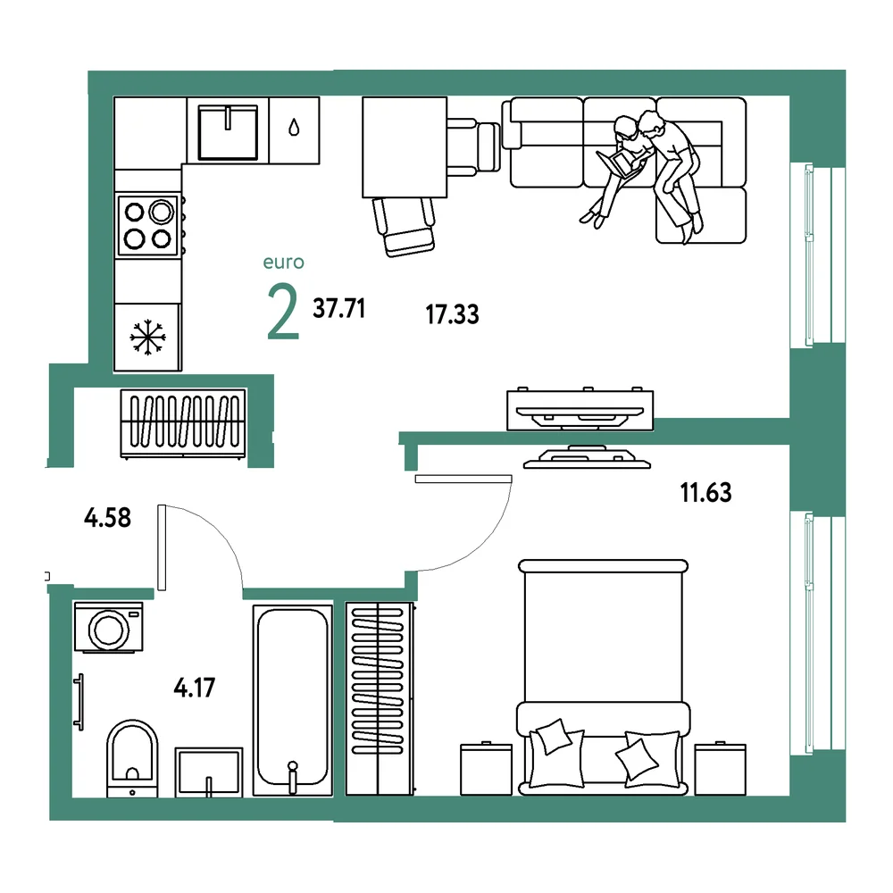 Планировка: Европейский берег 2.0 2-комнатная 37,71м²