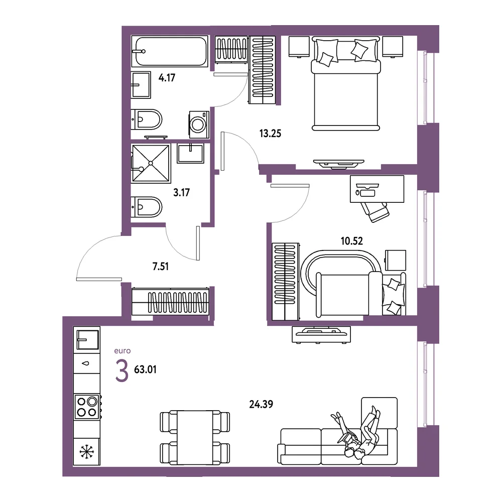 Планировка: Европейский берег 2.0 3-комнатная 63,01м²