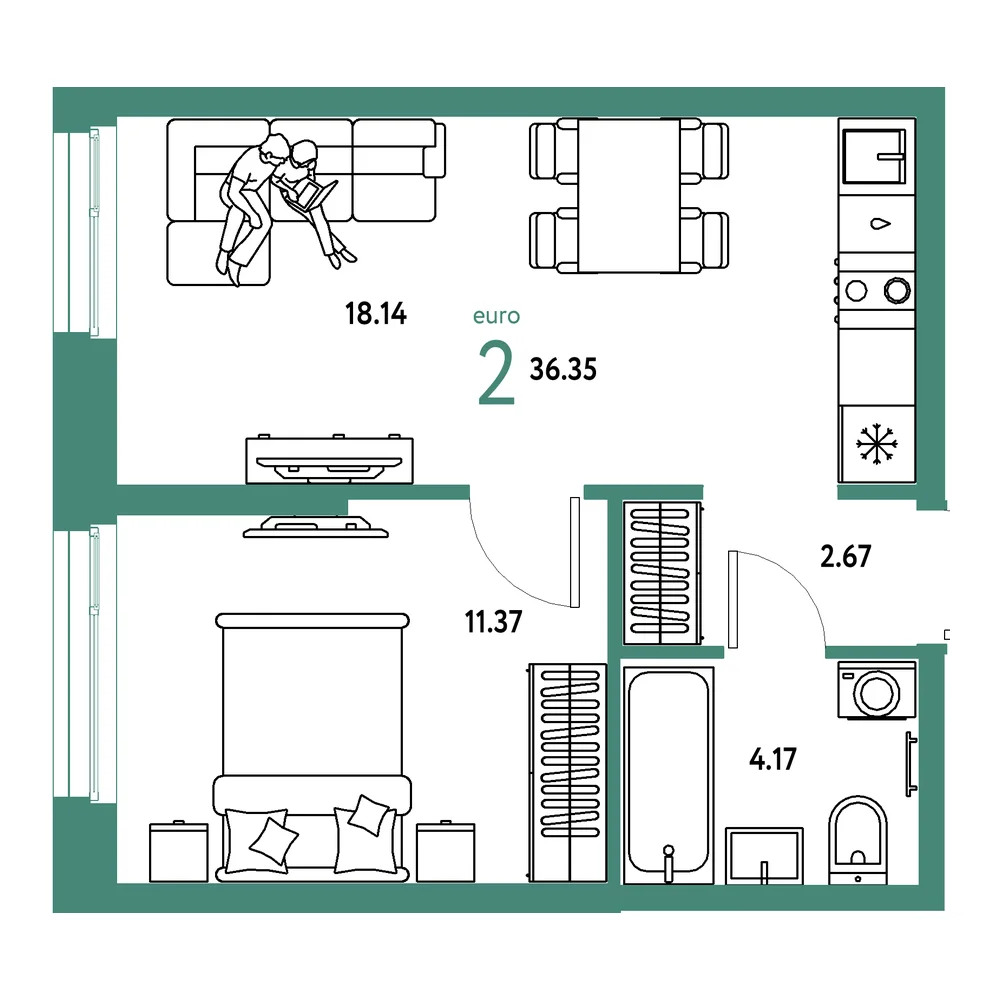 Планировка: Европейский берег 2.0 2-комнатная 36,35м²