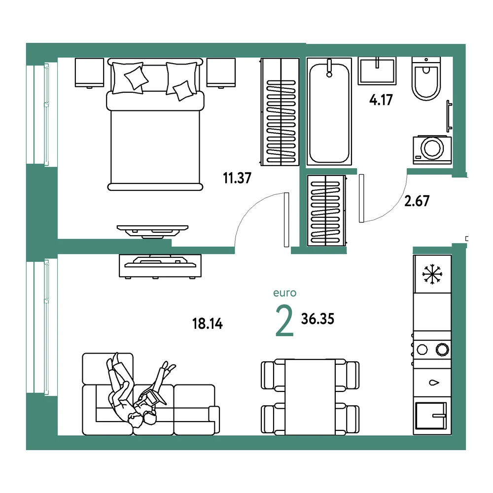 Планировка: Европейский берег 2.0 2-комнатная 36,35м²