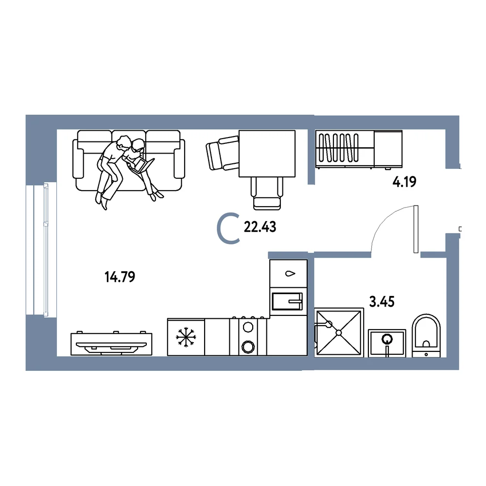 Планировка: Европейский берег 2.0 Студия 22,43м²