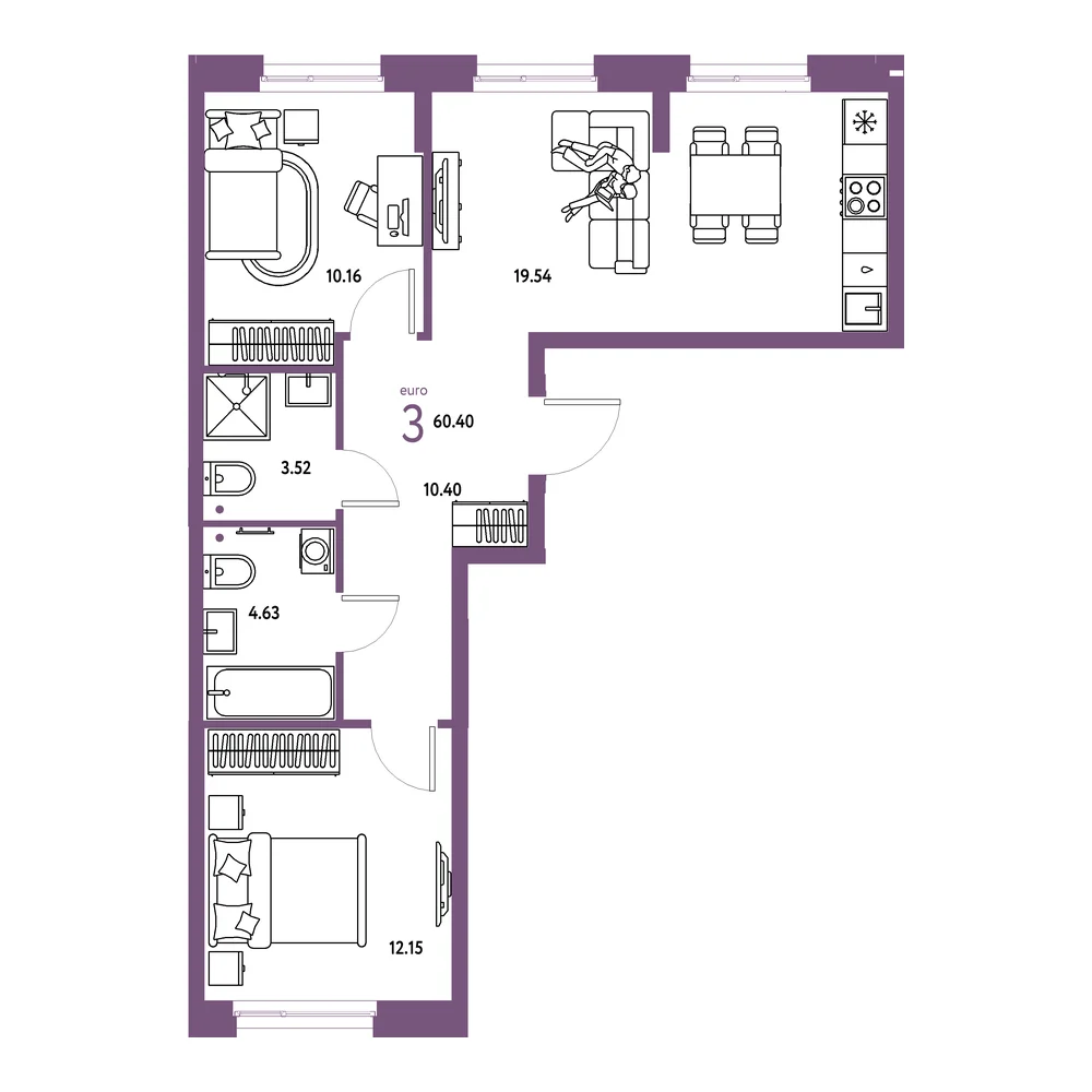 Планировка: Европейский берег 2.0 3-комнатная 60,40м²