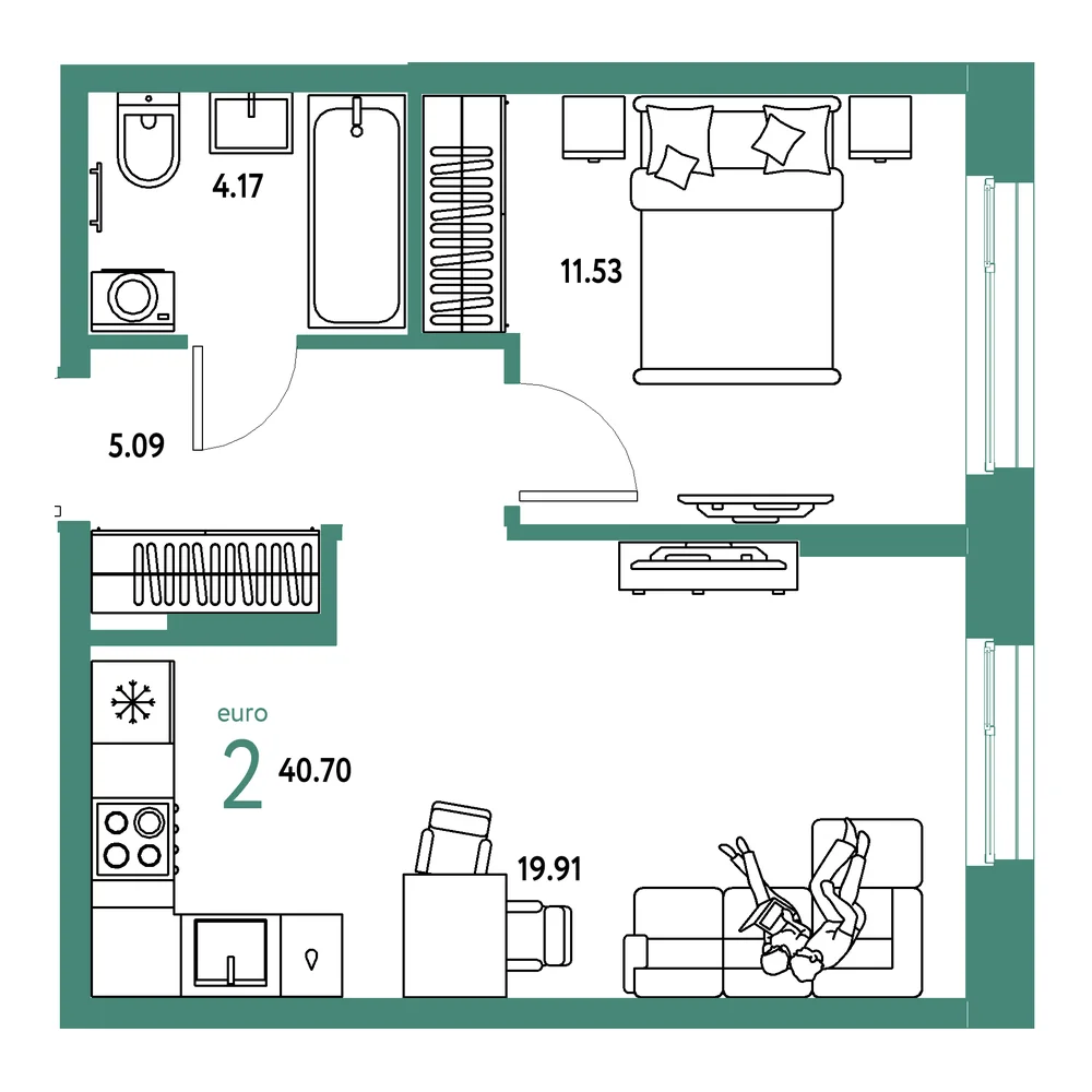 Планировка: Европейский берег 2.0 2-комнатная 40,70м²
