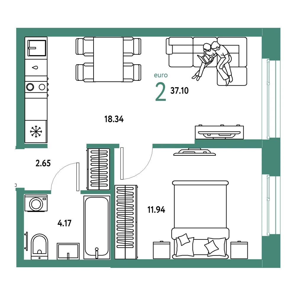 Планировка: Европейский берег 2.0 2-комнатная 37,10м²