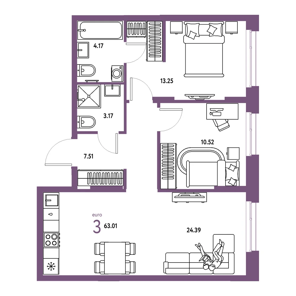 Планировка: Европейский берег 2.0 3-комнатная 63,01м²