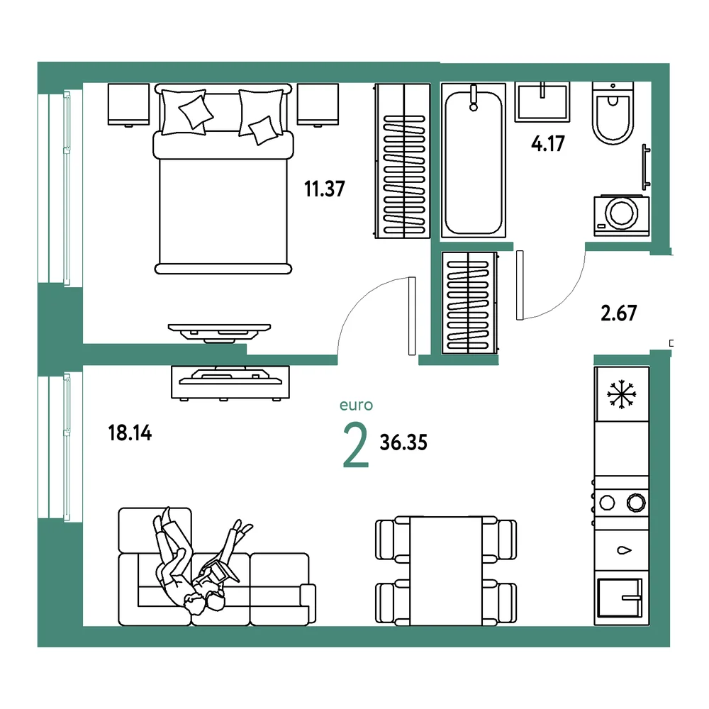 Планировка: Европейский берег 2.0 2-комнатная 36,35м²