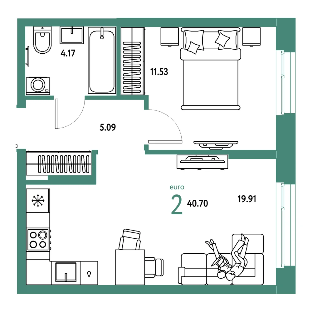 Планировка: Европейский берег 2.0 2-комнатная 40,70м²