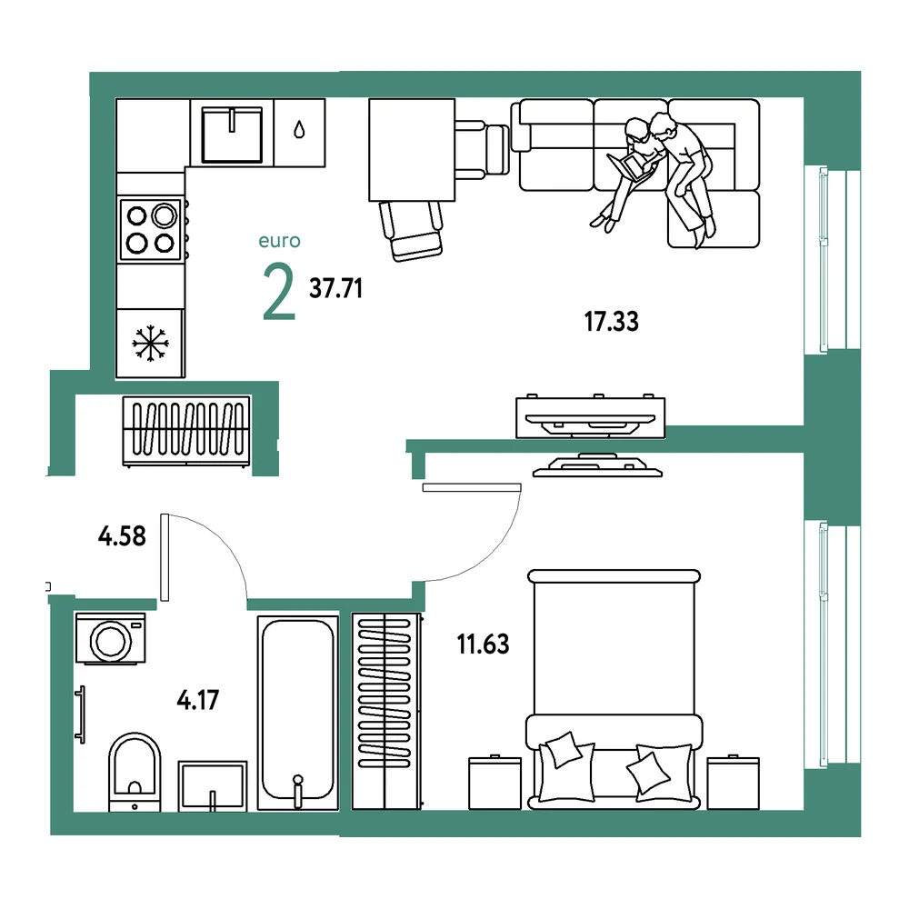 Планировка: Европейский берег 2.0 2-комнатная 37,71м²
