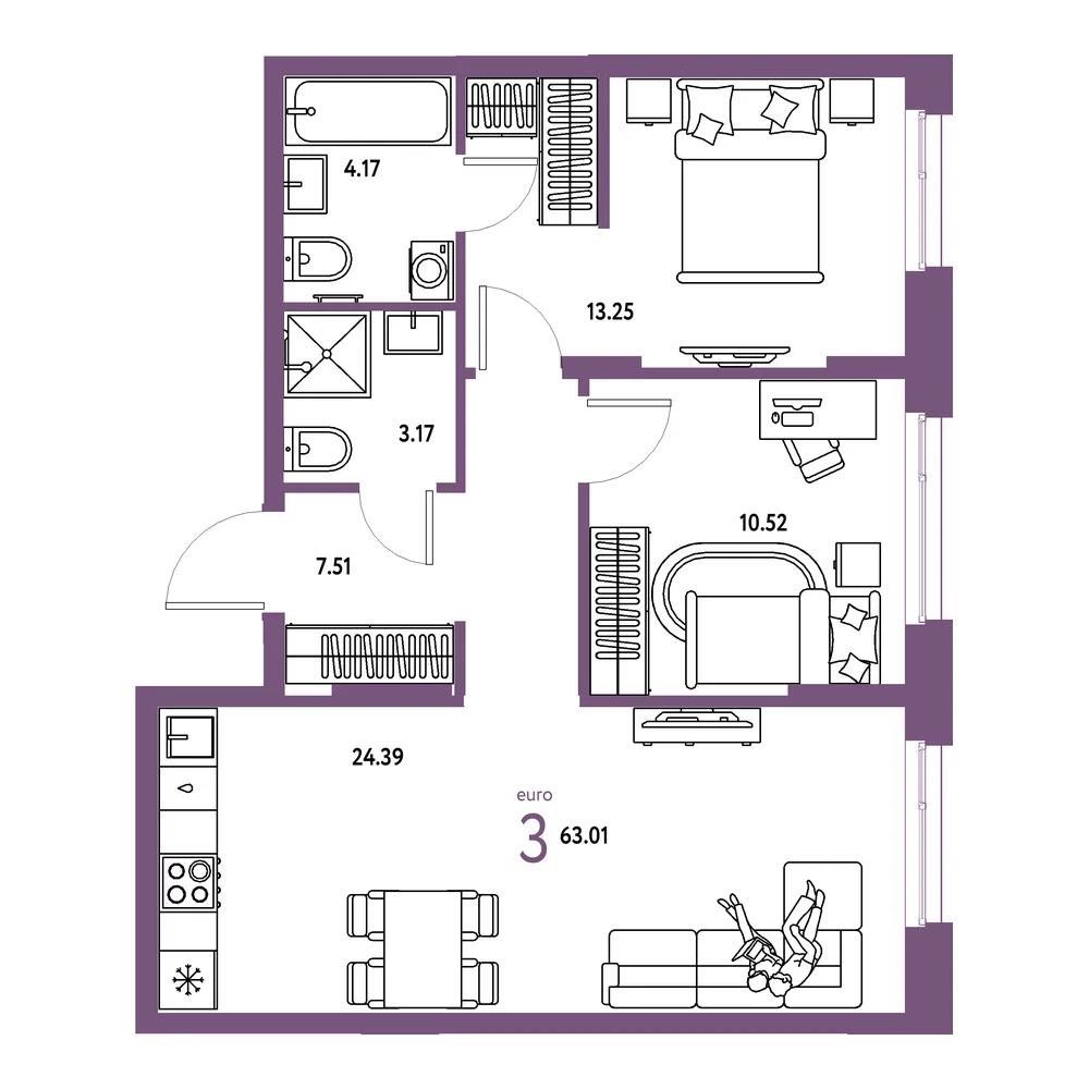 Планировка: Европейский берег 2.0 3-комнатная 63,01м²