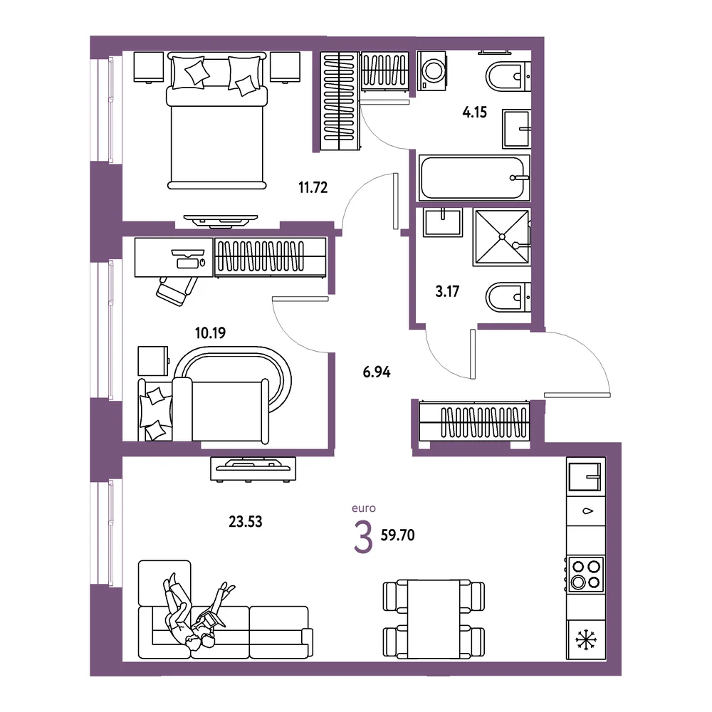 Планировка: Европейский берег 2.0 3-комнатная 59,70м²