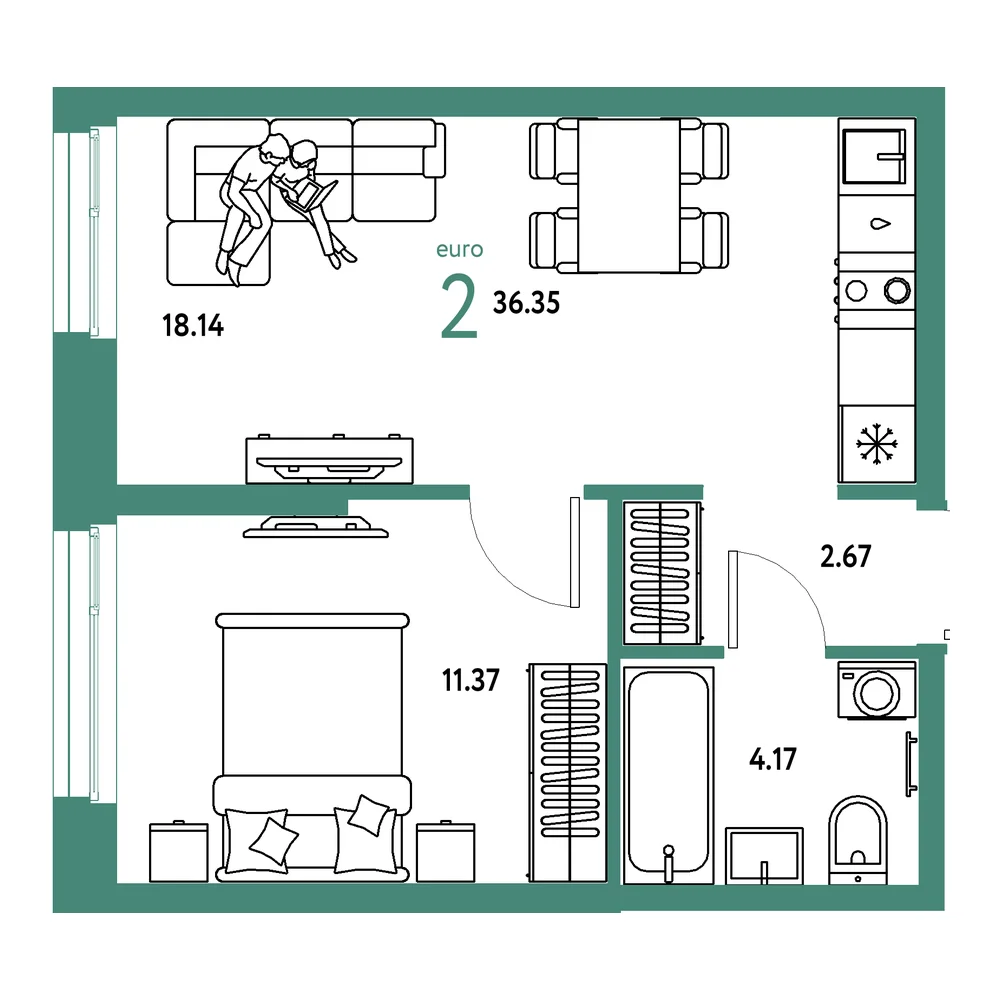 Планировка: Европейский берег 2.0 2-комнатная 36,35м²
