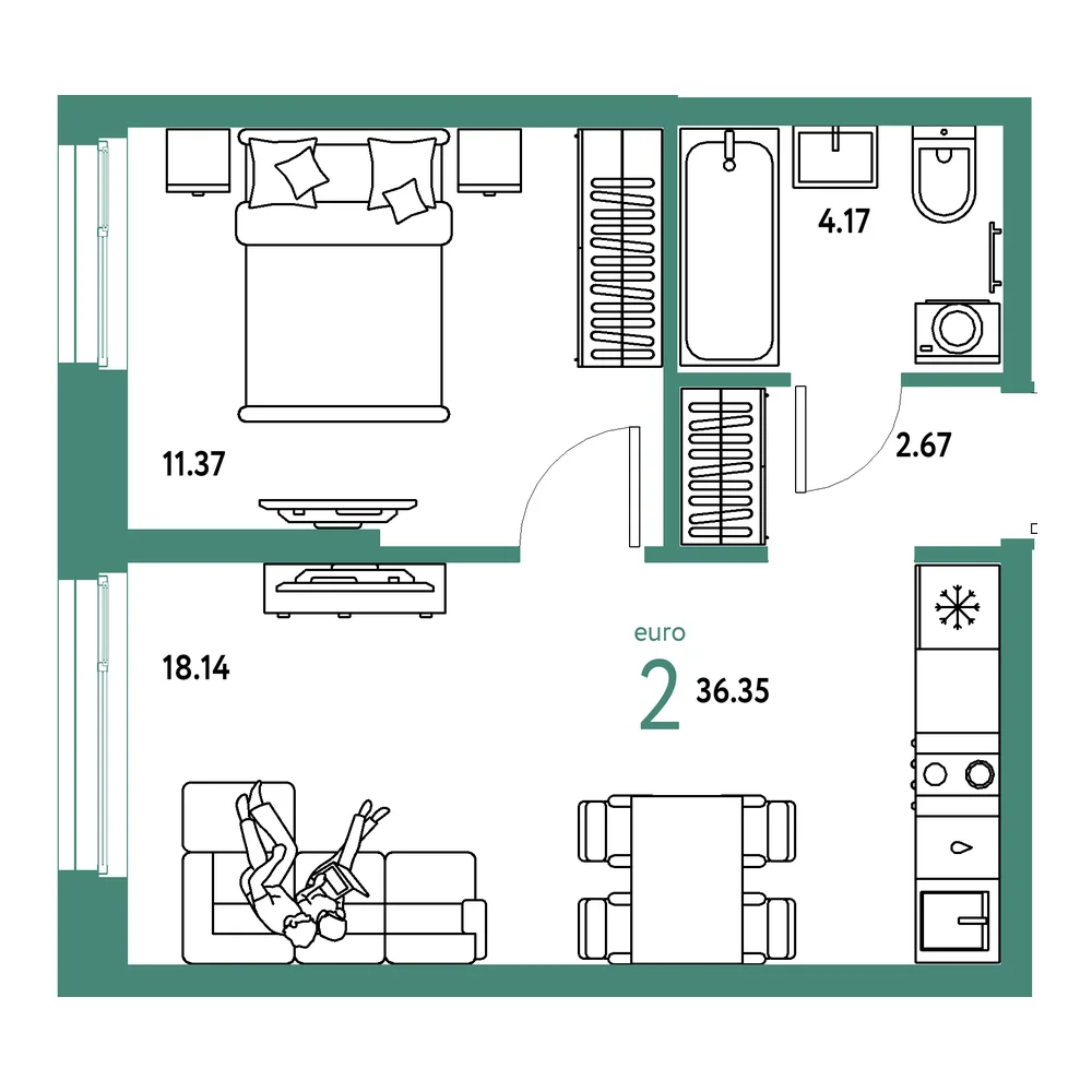 Планировка: Европейский берег 2.0 2-комнатная 36,35м²