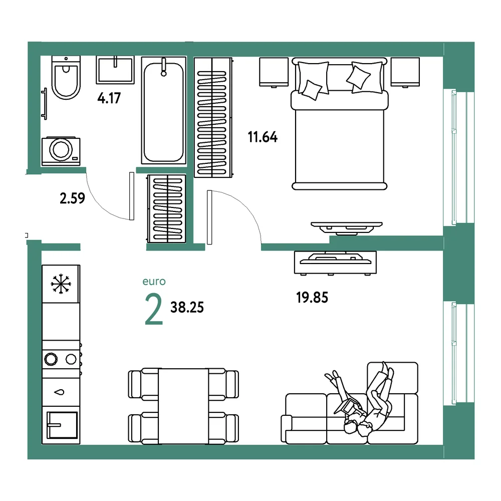 Планировка: Европейский берег 2.0 2-комнатная 38,25м²