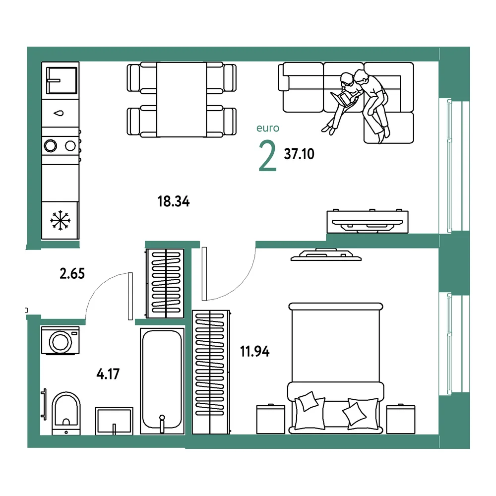 Планировка: Европейский берег 2.0 2-комнатная 37,10м²