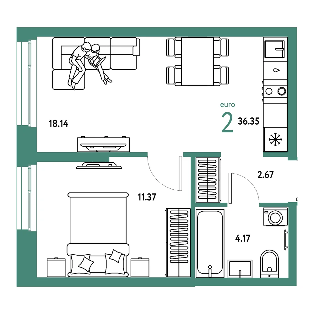 Планировка: Европейский берег 2.0 2-комнатная 36,35м²