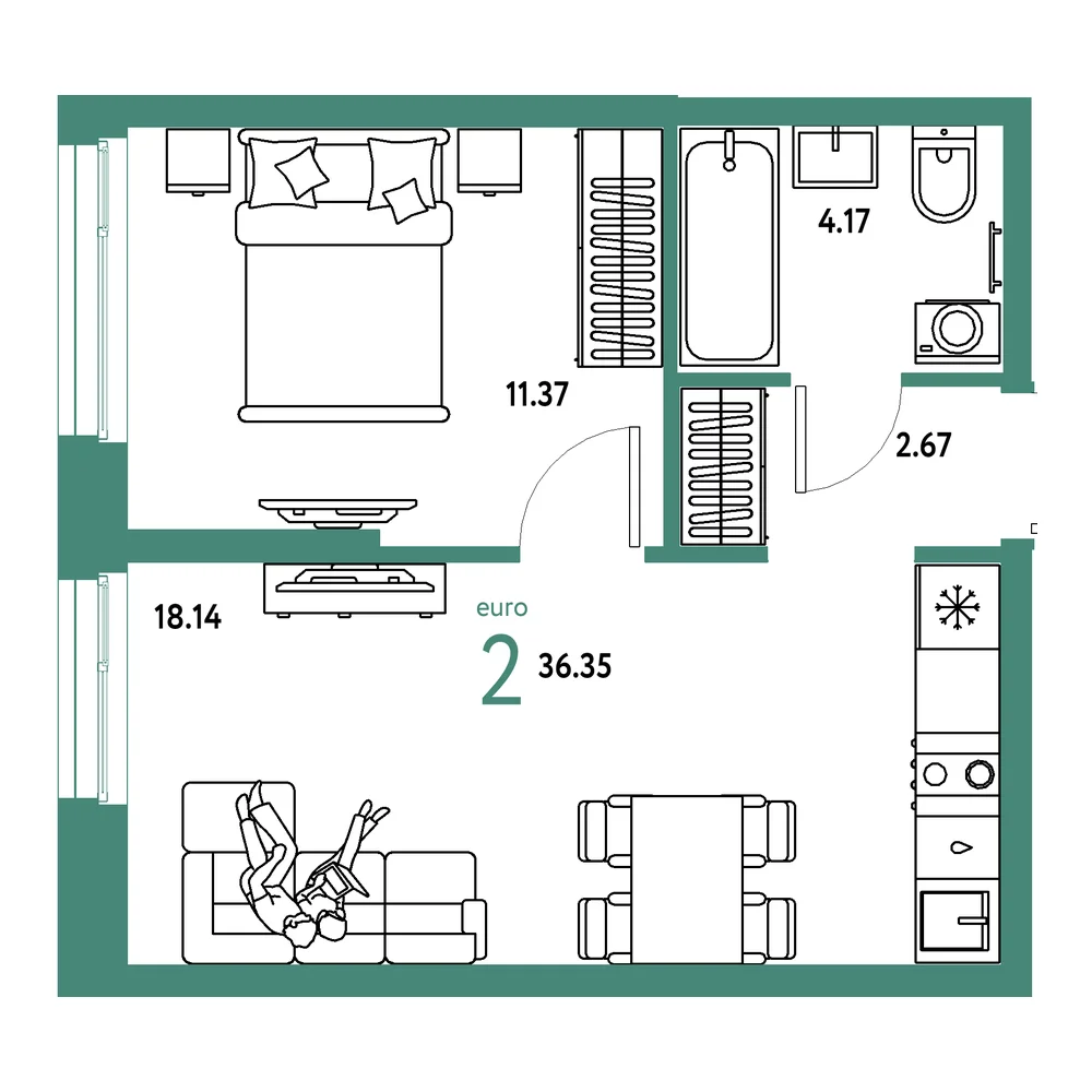 Планировка: Европейский берег 2.0 2-комнатная 36,35м²