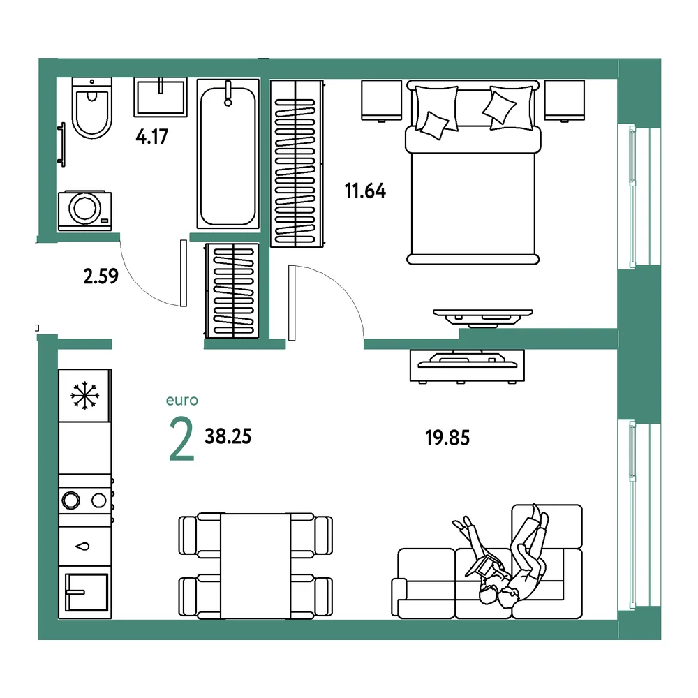 Планировка: Европейский берег 2.0 2-комнатная 38,25м²