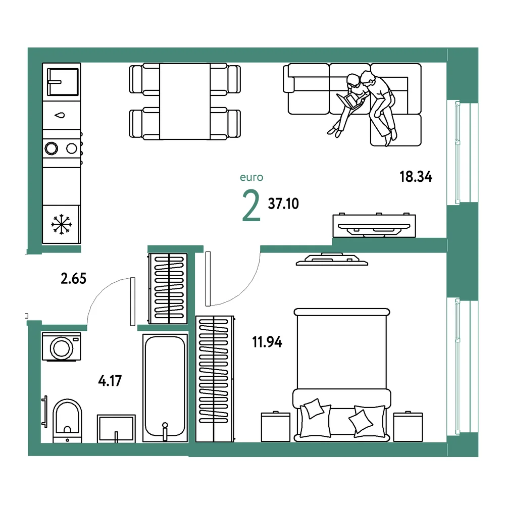 Планировка: Европейский берег 2.0 2-комнатная 37,10м²